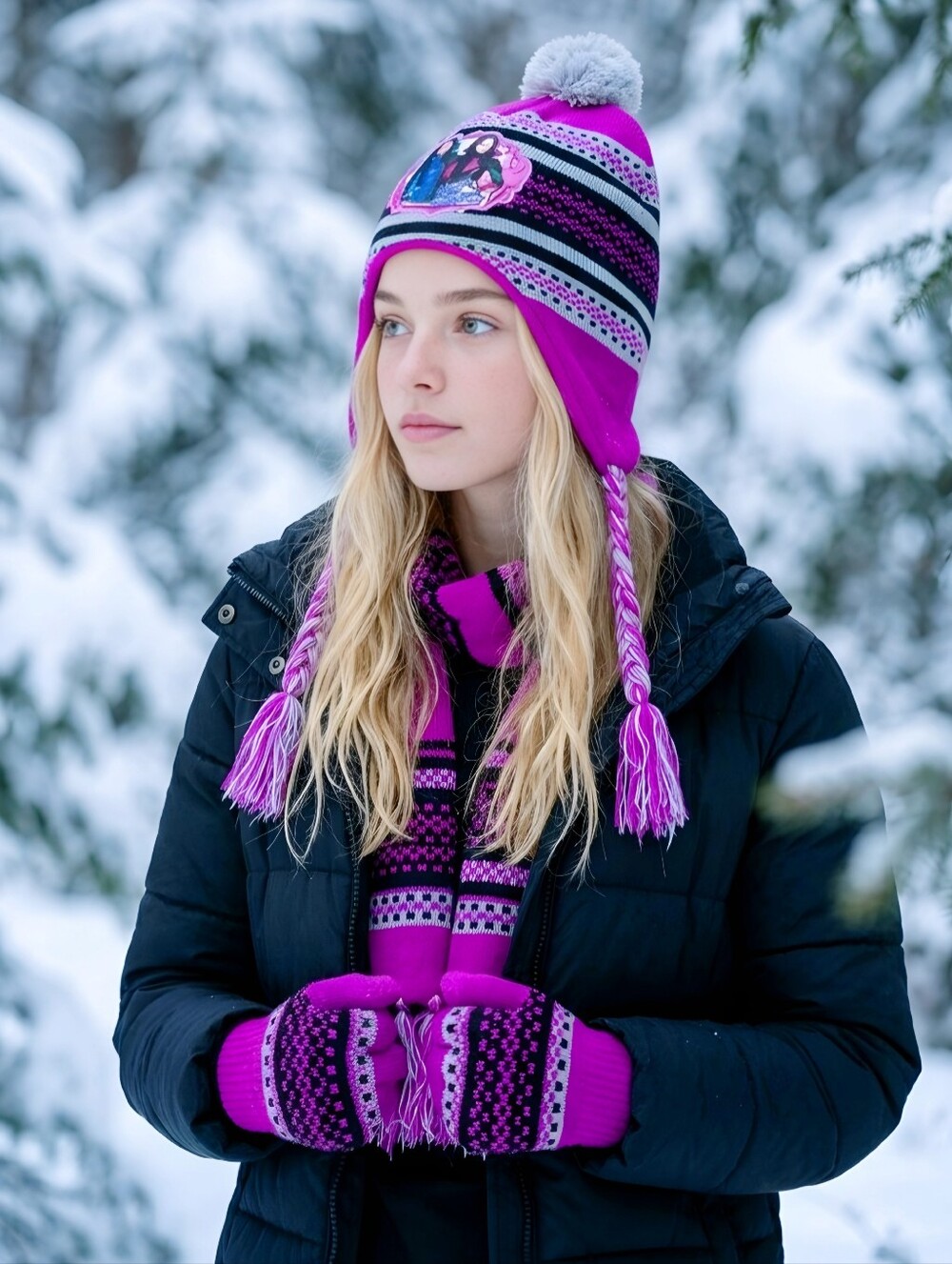 Disney Descendants Winter Hat Gloves Set Purple Black Mal Evie Pom Pom Tassel